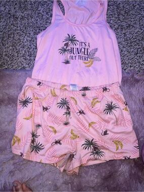 Kids Pink Jungle Banana Tank & Shorts Pajama Set